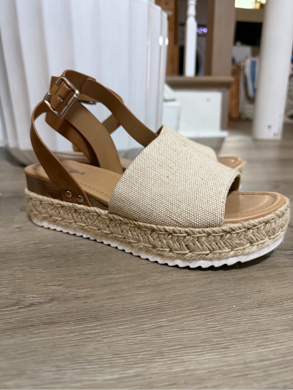 Soda Beige Canvas Espadrille Platform Sandals with Tan Straps